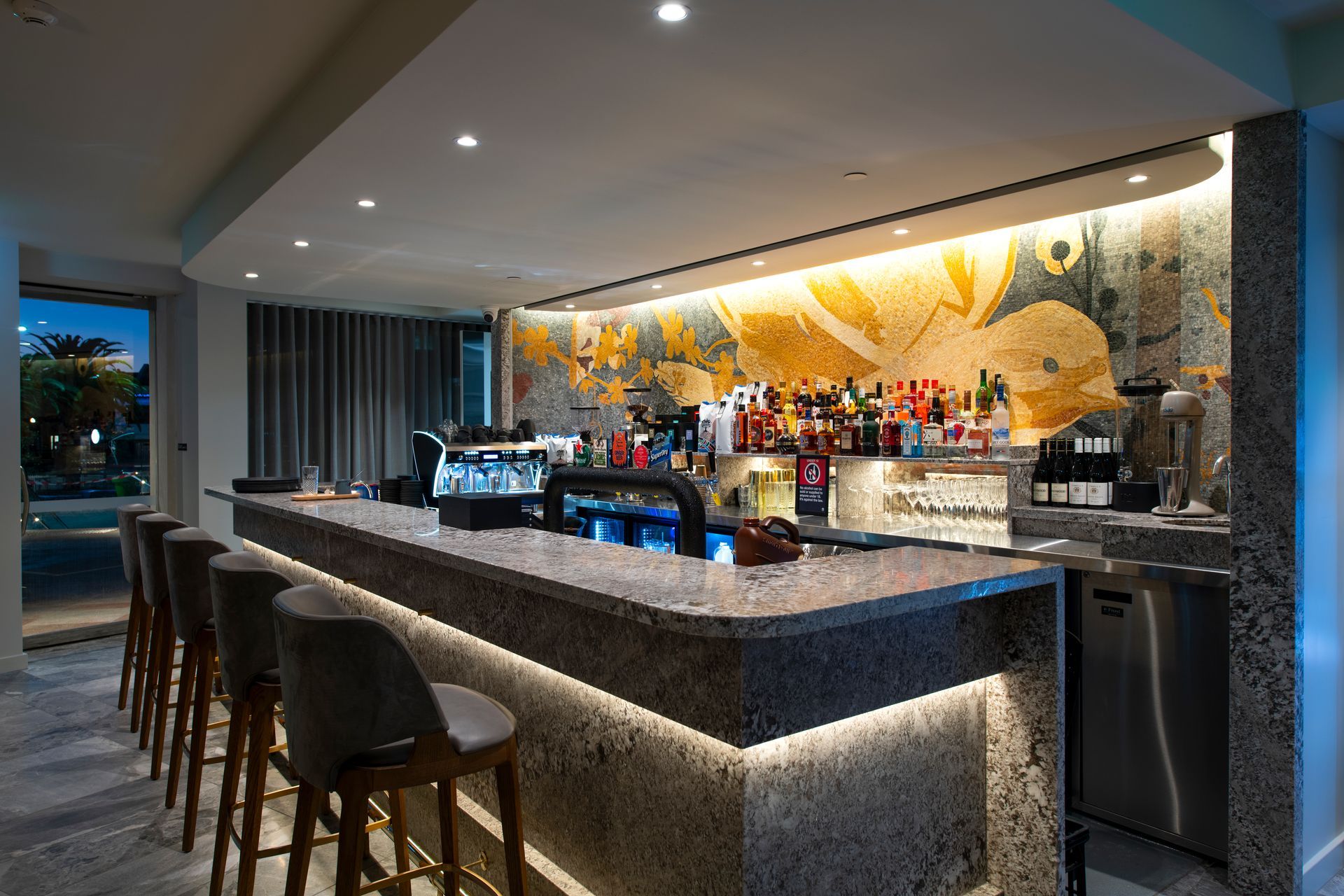 Photo of the Krystalbrook Kingsley  bar a completed commercial project by HVGM with stone benchtop