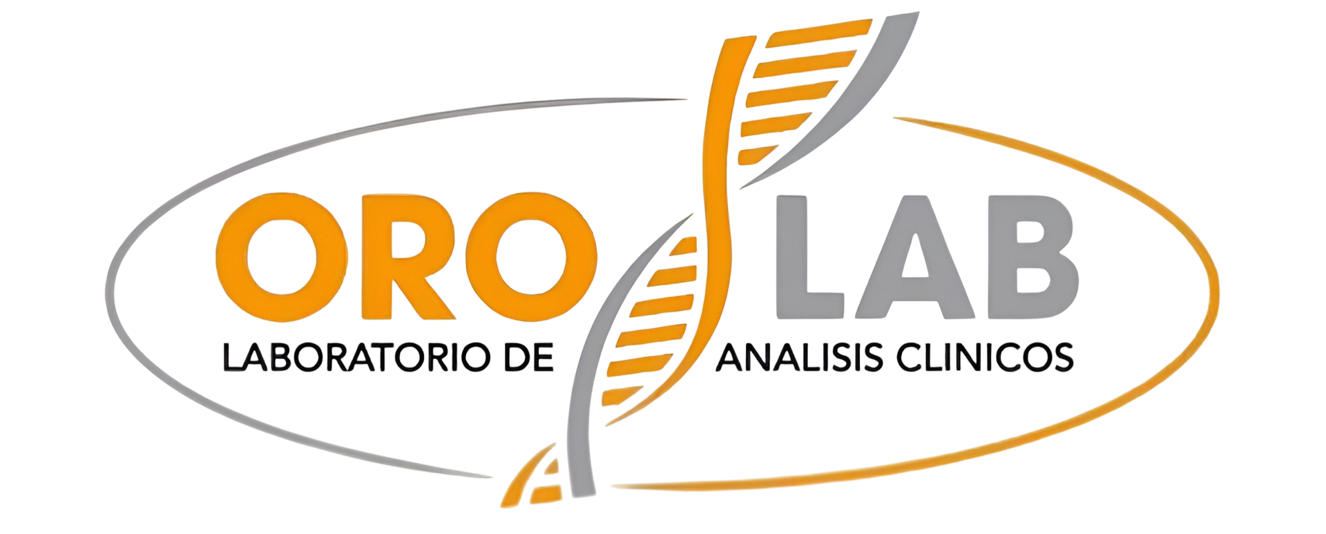 ORO LAB logo with orange and gray text and a stylized DNA helix, labeled “Laboratorio de Análisis Clínicos”