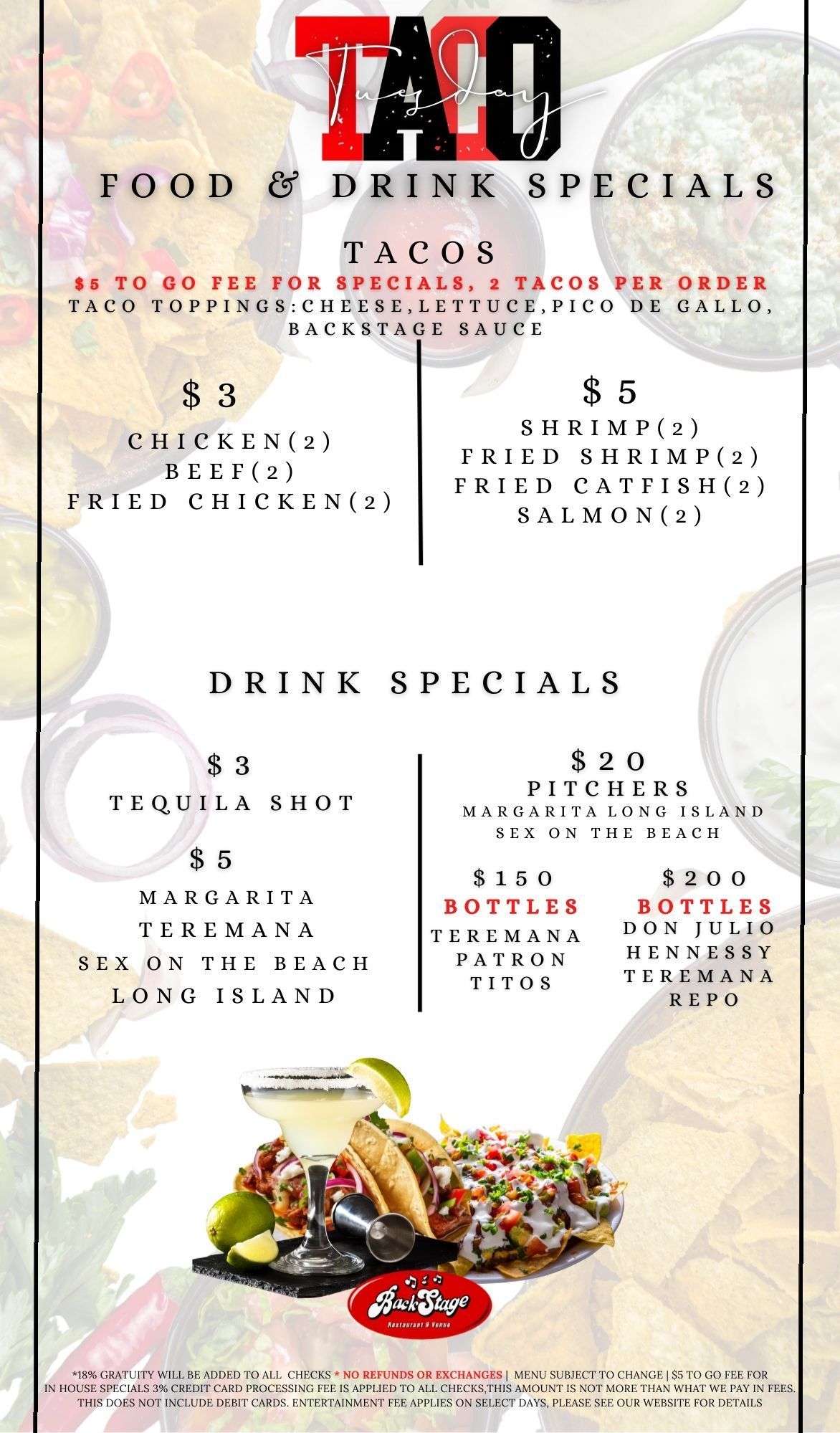 Taco food and drink menu with prices for tacos, nachos, and drink specials against a dark background.