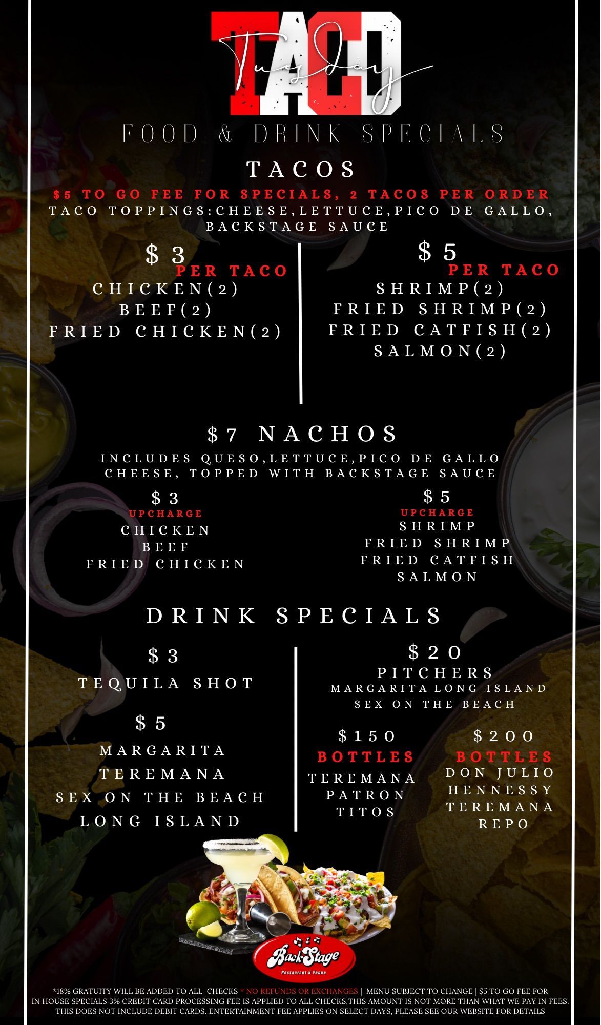 Taco food and drink menu with prices for tacos, nachos, and drink specials against a dark background.