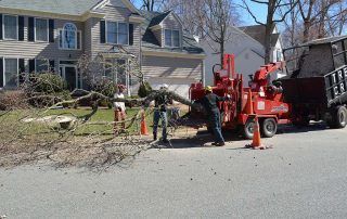 A man is standing next to a tree chipper in front of a house.