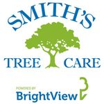 Smith's Tree Care logo with green tree, blue text, and BrightView branding