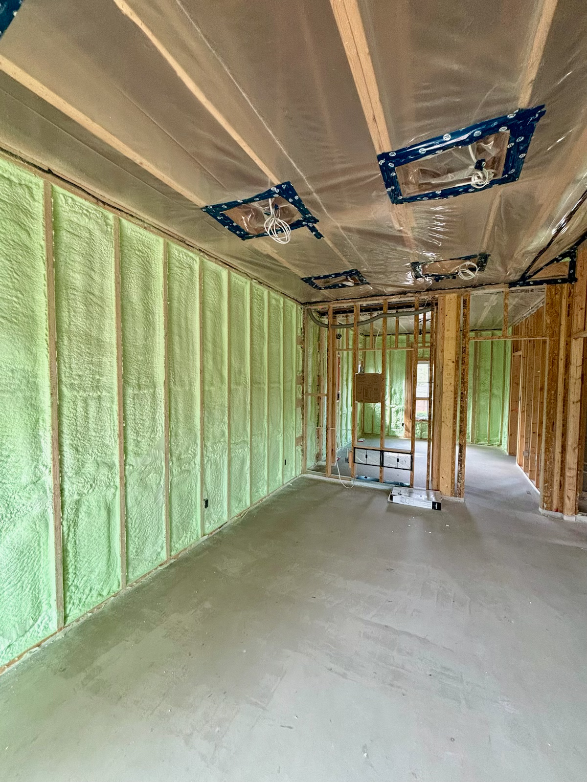 A room with green spray foam on the walls and ceiling.