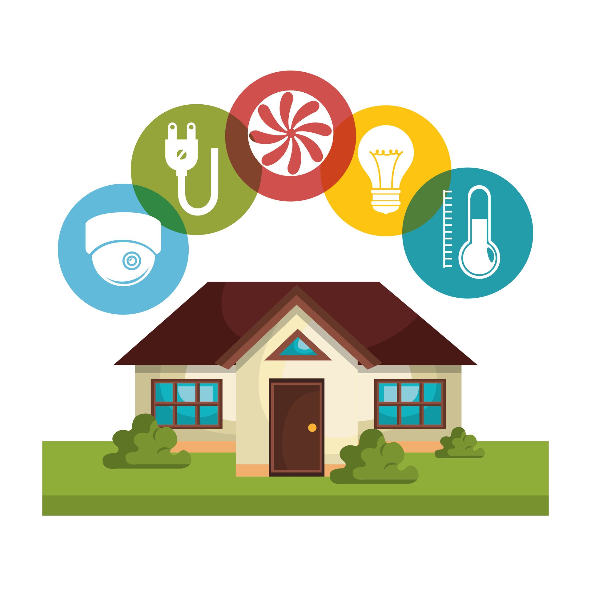 A house with a bunch of smart home icons around it.