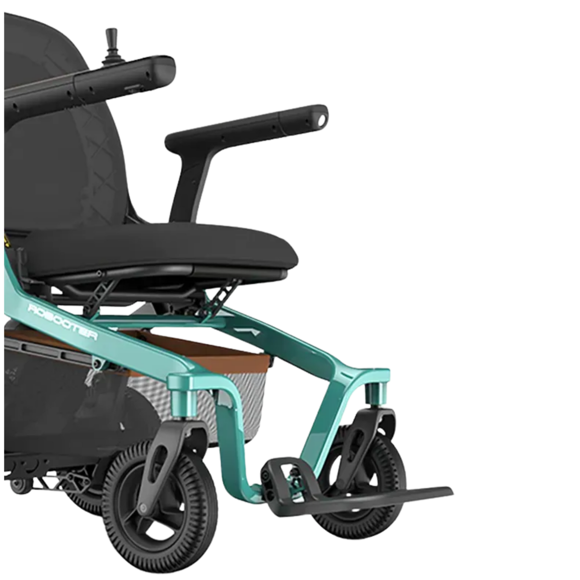Teal and black electric wheelchair with basket and footrests.