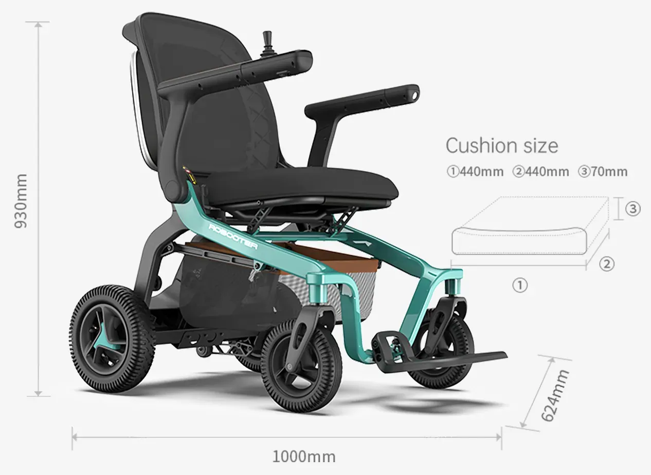 Blue and black folding electric wheelchair with dimensions labeled. Includes a basket.