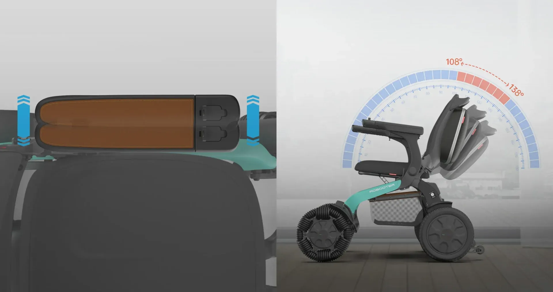 Side-by-side view: Brown handled, teal and black child's stroller. Handle can be adjusted.