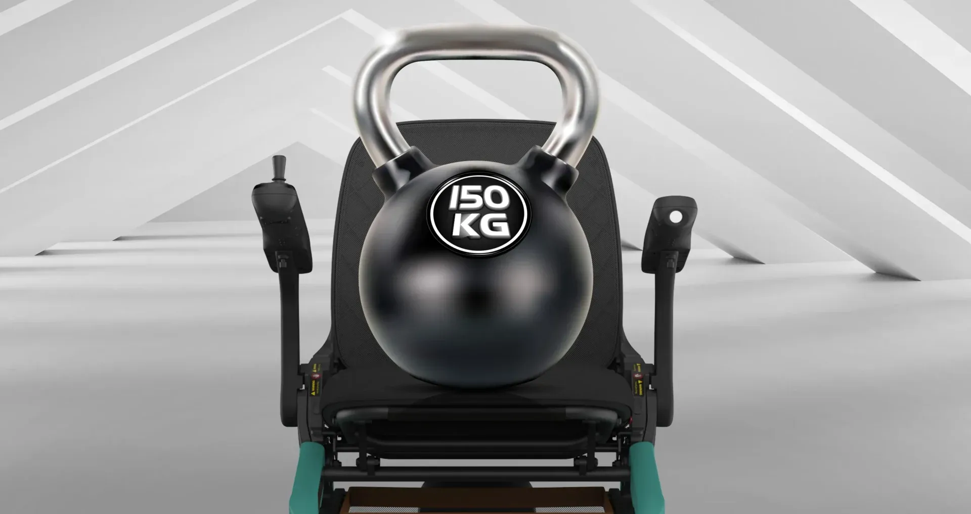 Black kettlebell (150 kg) resting on a teal and black mobility device, in a white background with perspective lines.