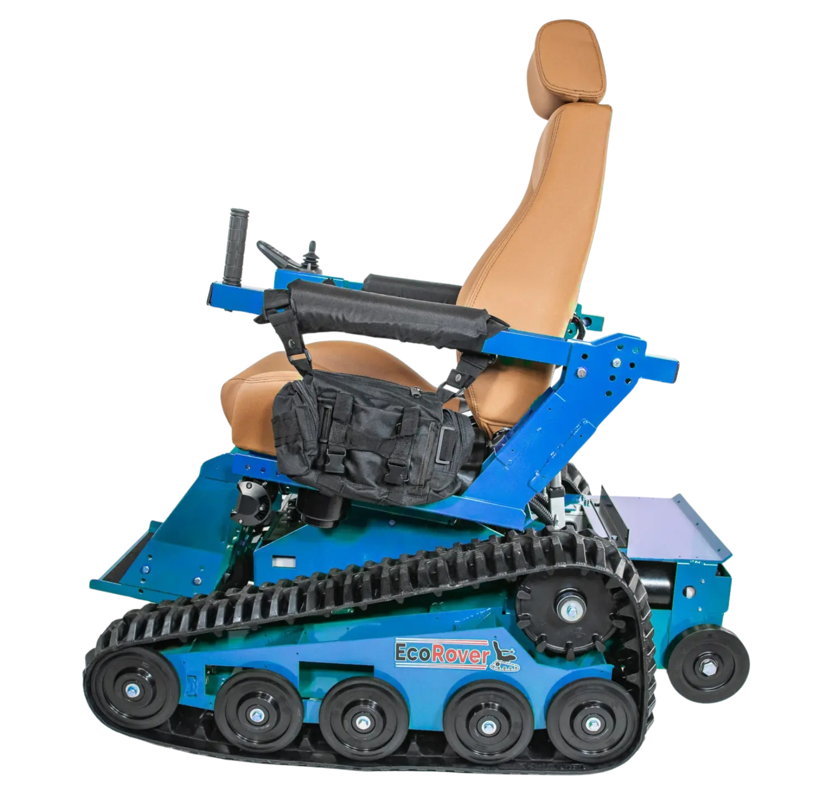 Blue all-terrain wheelchair with tank treads, brown seat, and control panel.