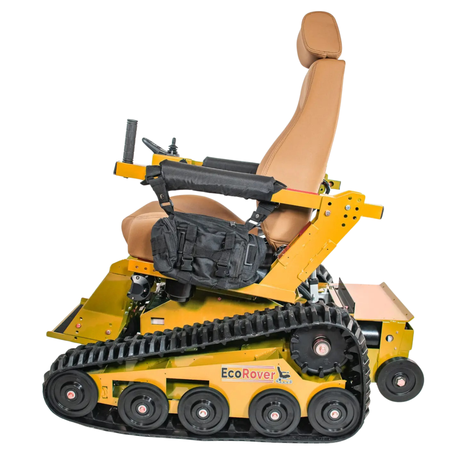 Yellow tracked wheelchair with a tan seat, for rugged terrain.