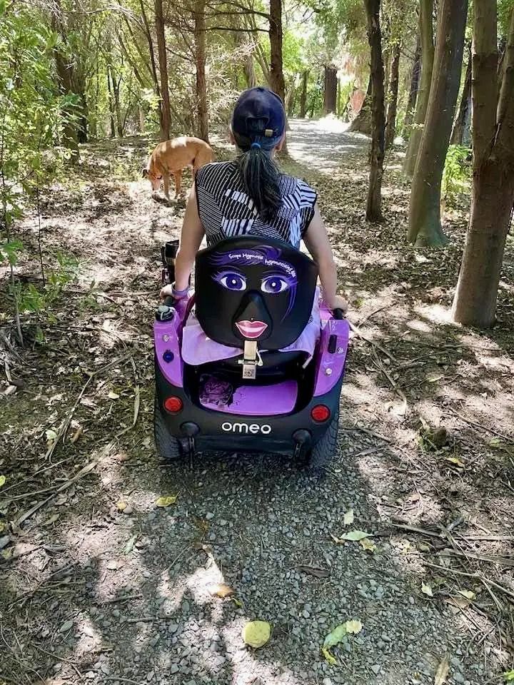 Person in purple wheelchair on a dirt path in woods. Dog walks ahead.