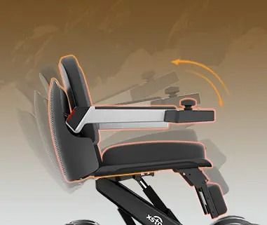 Side view of a black power wheelchair seat; armrest is shown in upward/downward motion via an orange arc.