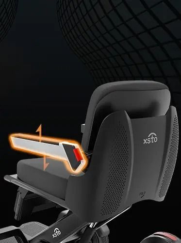 Black mobility scooter seat with adjustable armrest, arrow indicates up/down movement.