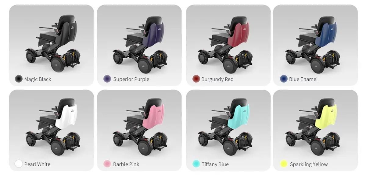 Various colored mobility chairs, arranged in a grid, with labels: black, purple, red, blue, white, pink, turquoise, and yellow.