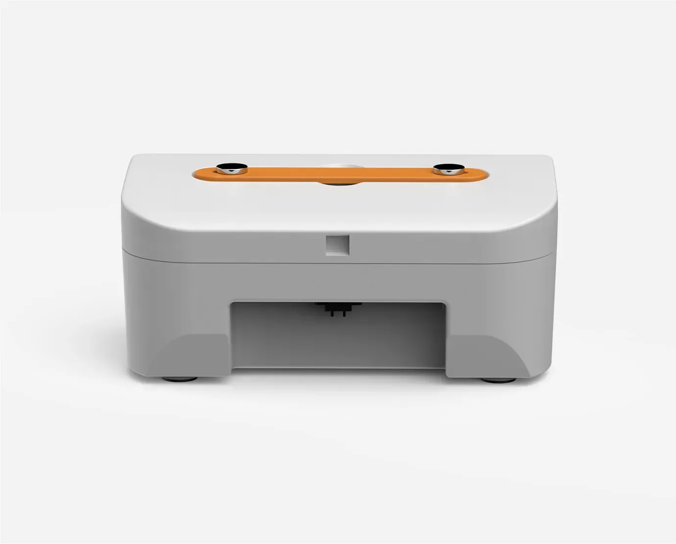 White and gray portable printer with an orange handle and black switches.