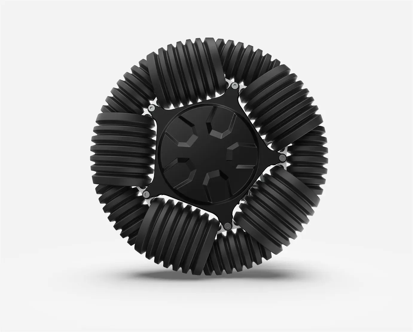 Black mechanical wheel with ribbed treads, centered on a white background.
