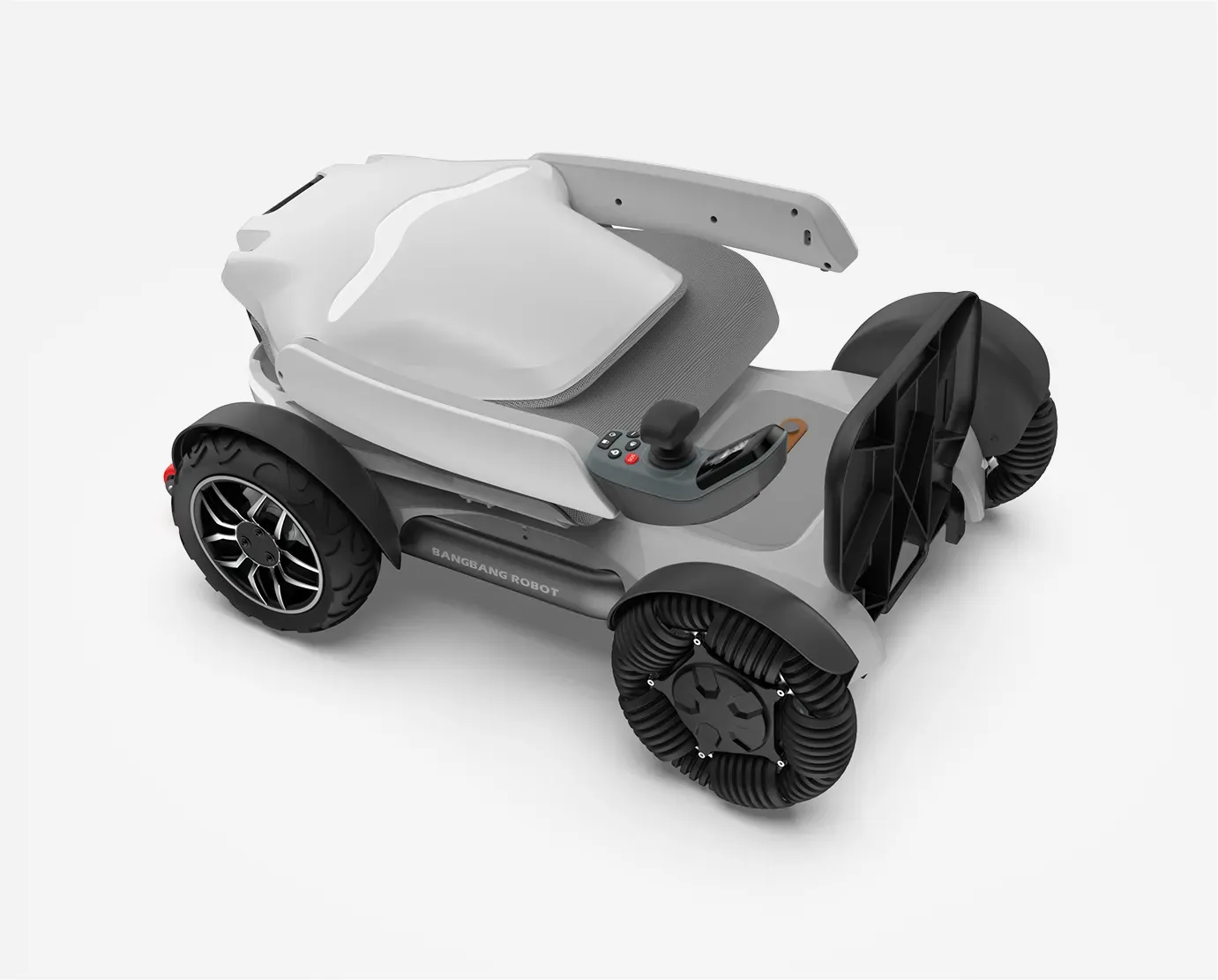 White all-terrain mobility vehicle, with chunky tires and joystick controls, against a light gray background.