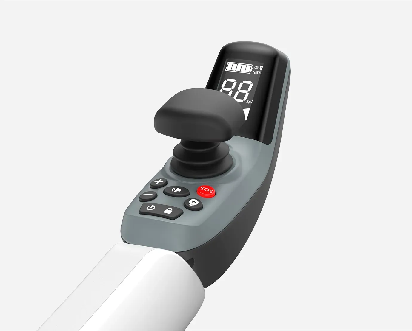 Power wheelchair joystick with a display showing the battery percentage.