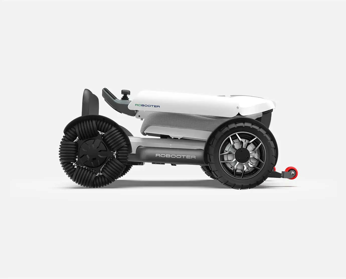 White and black robotic sweeper with large front brush, black wheels, and a small red tow hook.