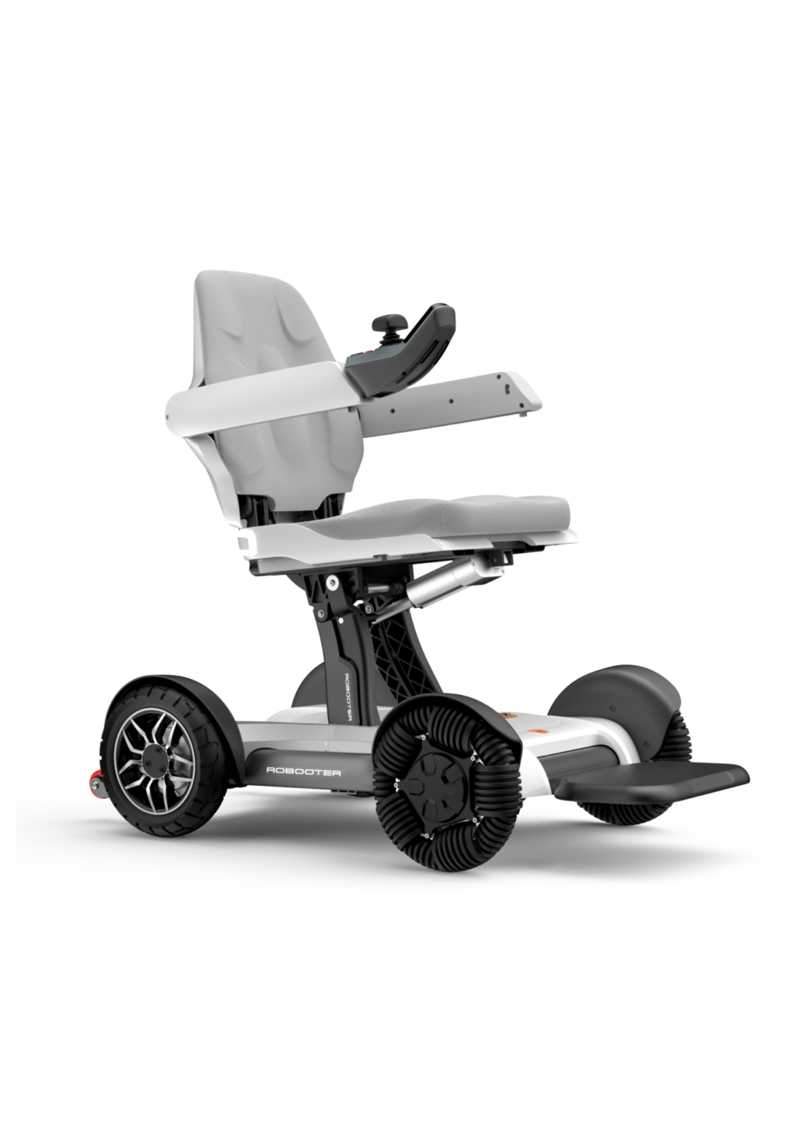 Gray and black electric wheelchair with a padded seat, armrests, and large wheels.
