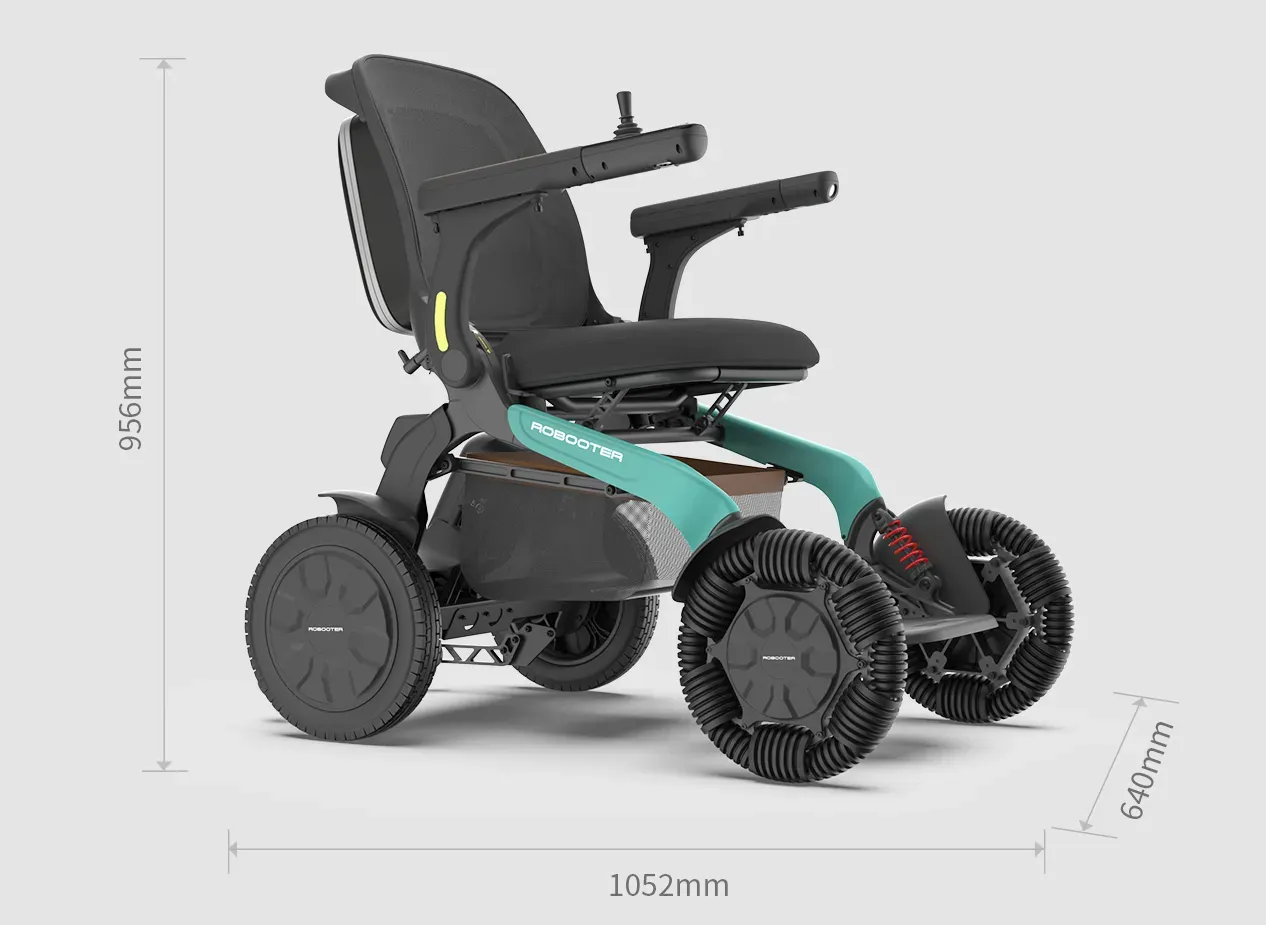 Electric folding wheelchair with black and teal accents, displayed against a light background.