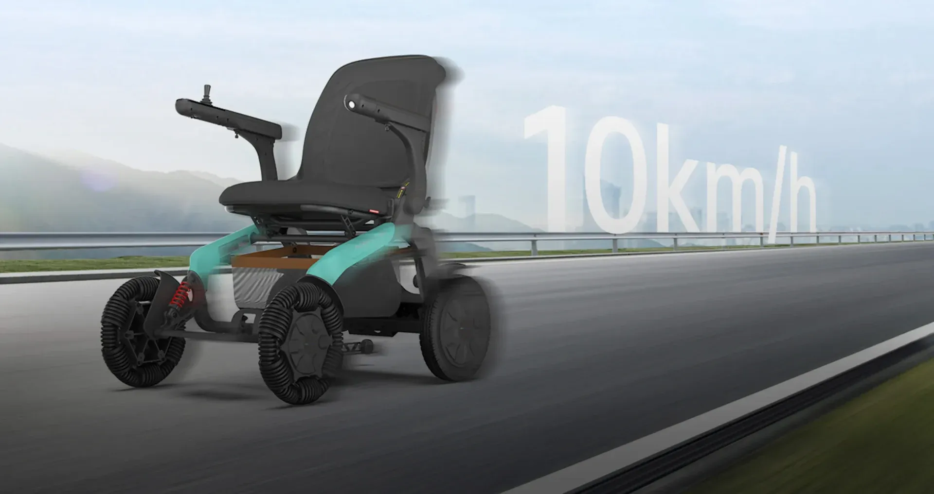 Electric wheelchair moving on a road; turquoise accents, blurred background. Speed shown: 10 km/h.
