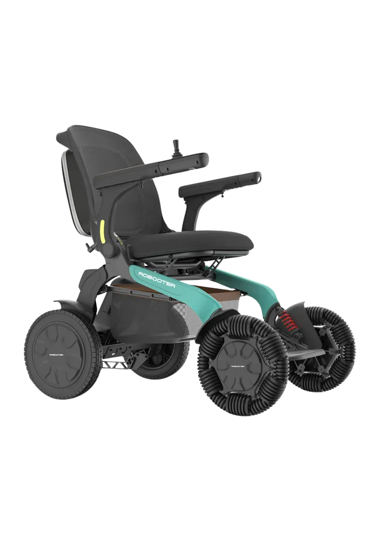 Electric wheelchair, black seat, turquoise accents, four wheels.