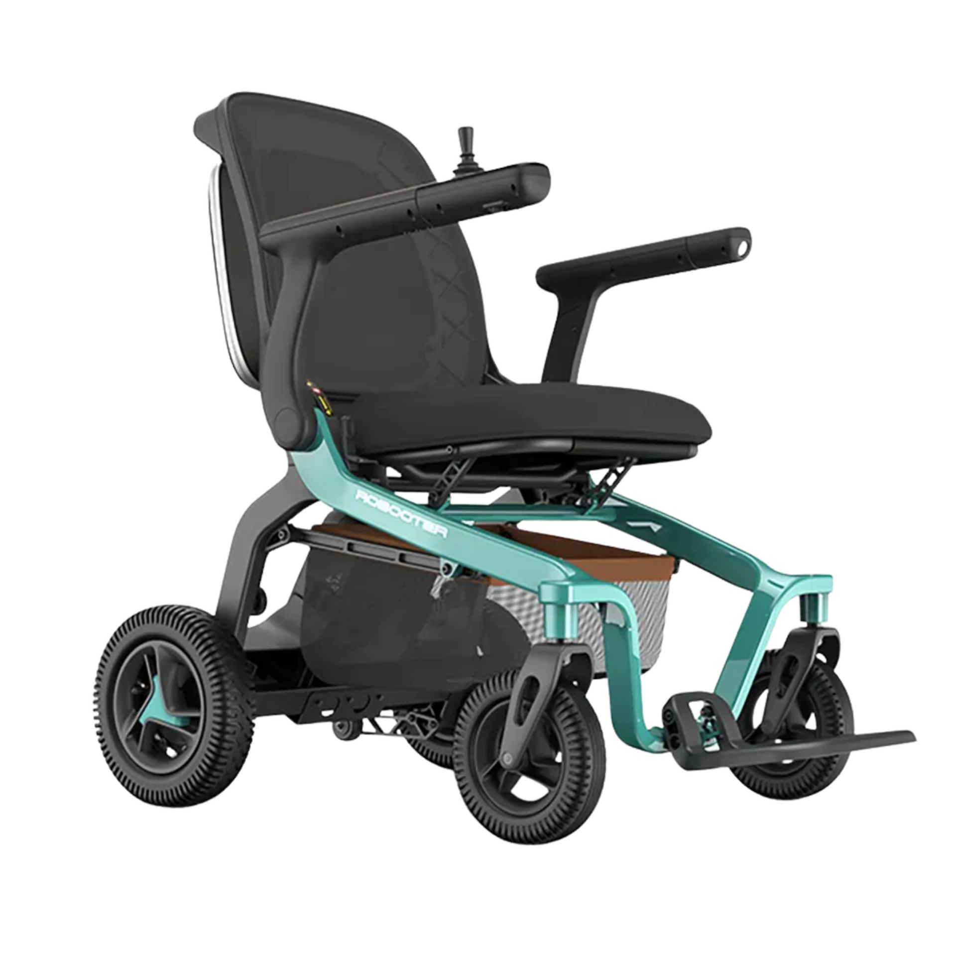 Electric teal wheelchair with black seat, armrests, and joystick. Basket below seat, black wheels.