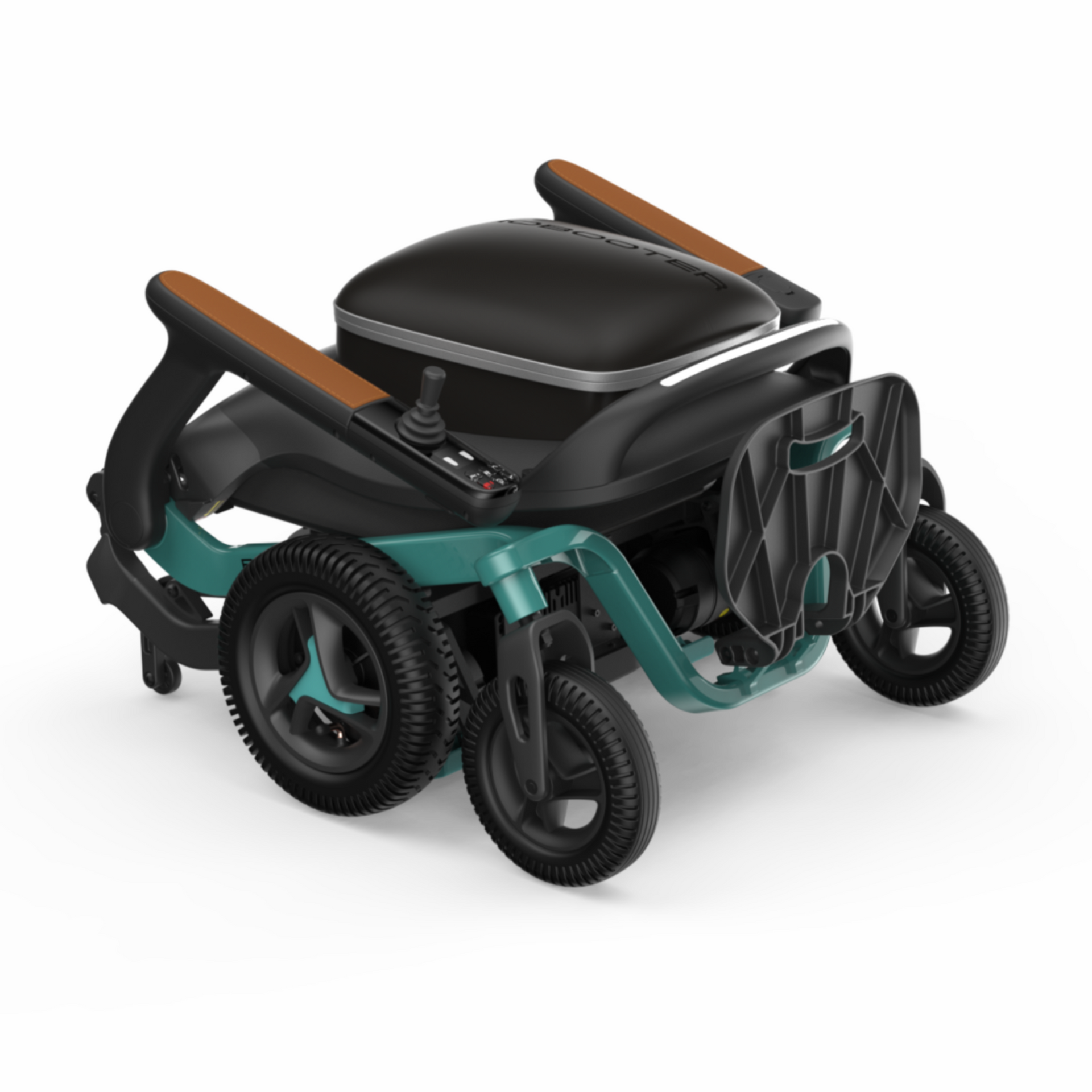 Folded teal and black electric wheelchair with brown armrests.