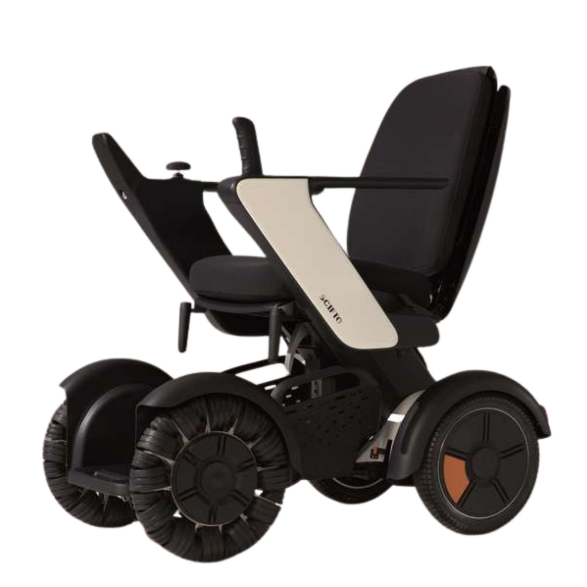 Black and white powered wheelchair with large wheels and cushioned seat; modern design.