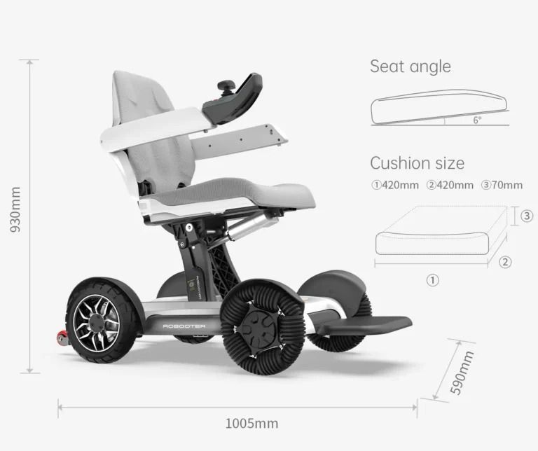 Motorized wheelchair with dimensions labeled. Gray and black color scheme.