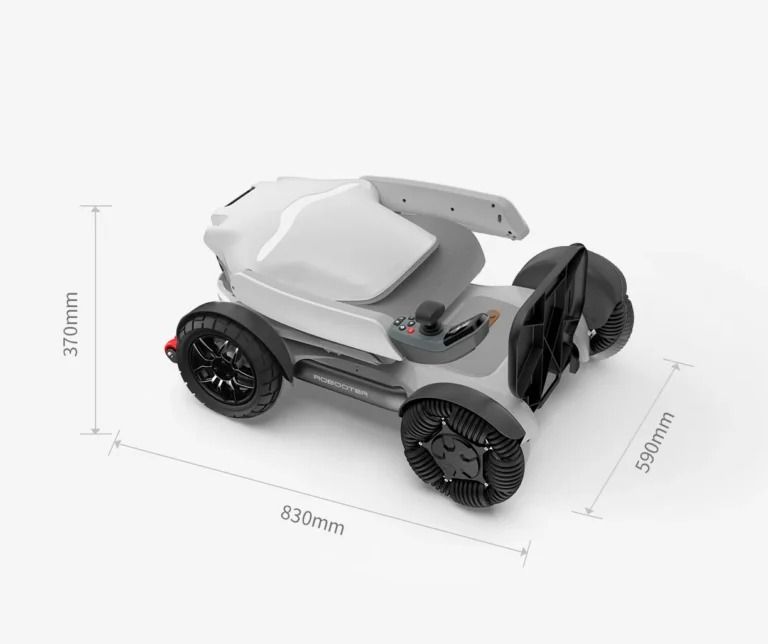 Small, white, four-wheeled vehicle with black tires. It has 370mm height, 590mm width, and 830mm length.