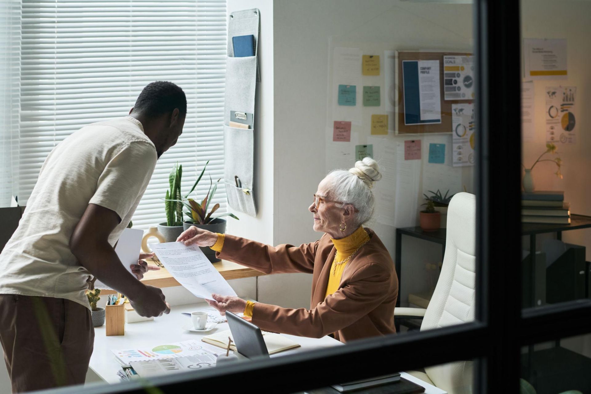 Two people reviewing papers in a bright office, seated across a desk with plants and notes on the wall.