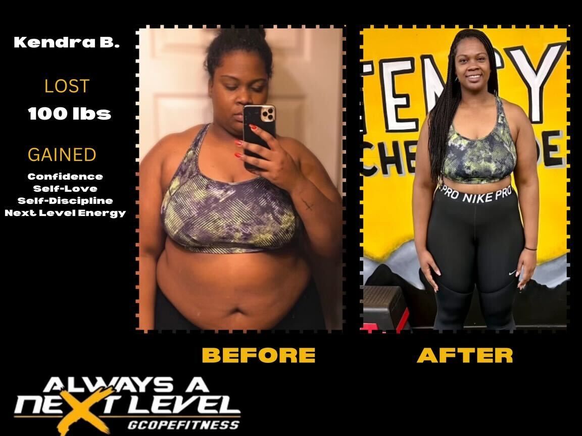 A woman is shown before and after losing 100 lbs