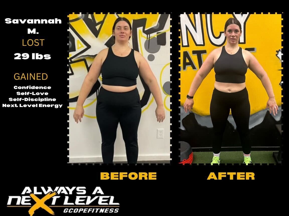 A before and after photo of a woman named savannah