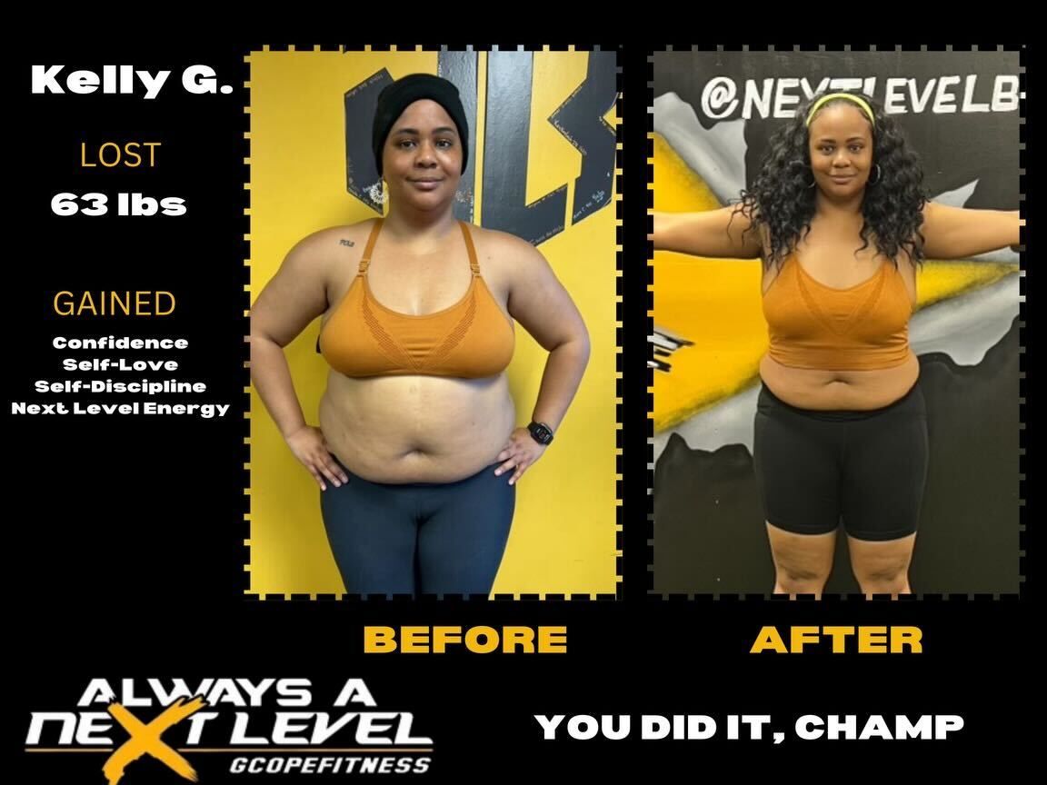 A before and after photo of kelly g.