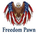 A bald eagle with wings colored in red, white, and blue, perched above the text "Freedom Pawn."