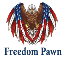 A bald eagle with wings colored in red, white, and blue, perched above the text "Freedom Pawn."