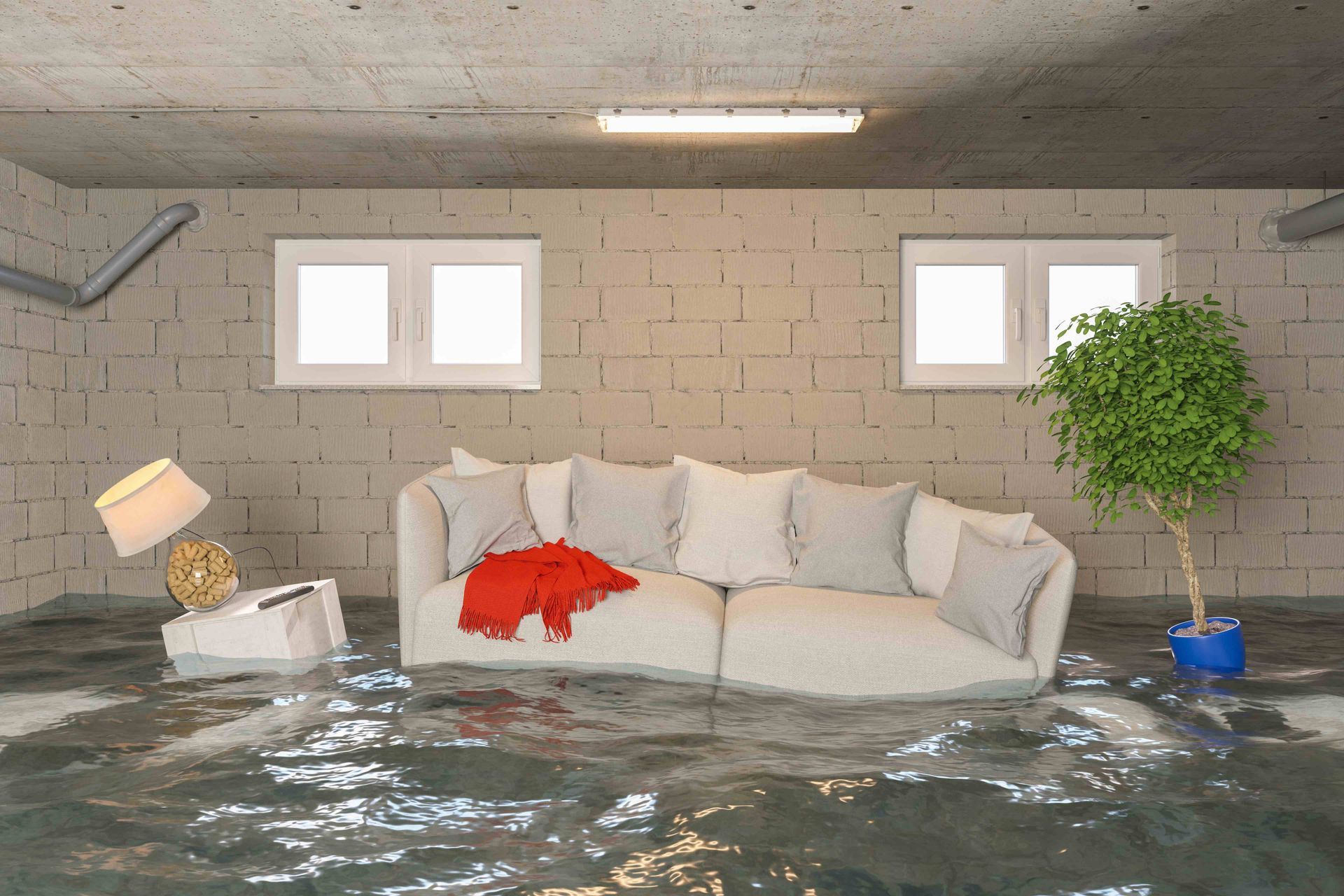 a flooded living room with a couch and a lamp