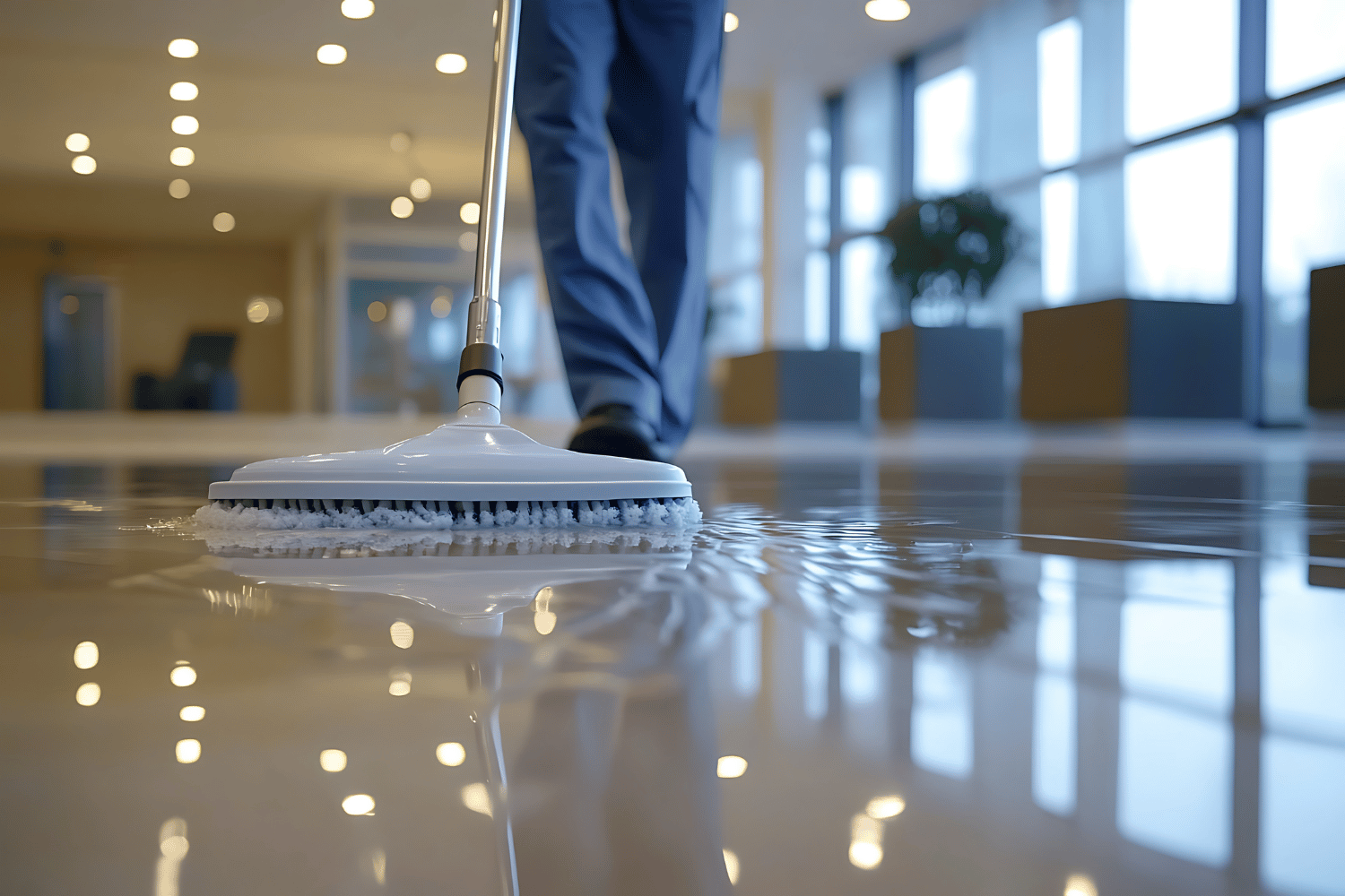 A person in blue pants mops a shiny, reflective indoor floor in a bright, modern office space.