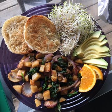 A plate of food with avocado and sprouts on it