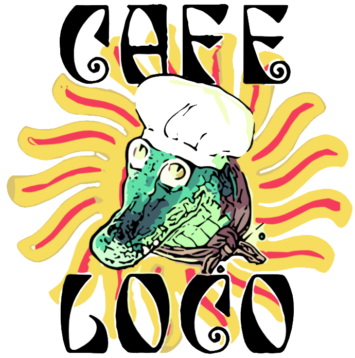 A logo for cafe loco with a crocodile wearing a chef hat