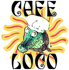 A logo for cafe loco with a crocodile wearing a chef hat