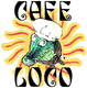 A logo for cafe loco with a crocodile wearing a chef hat