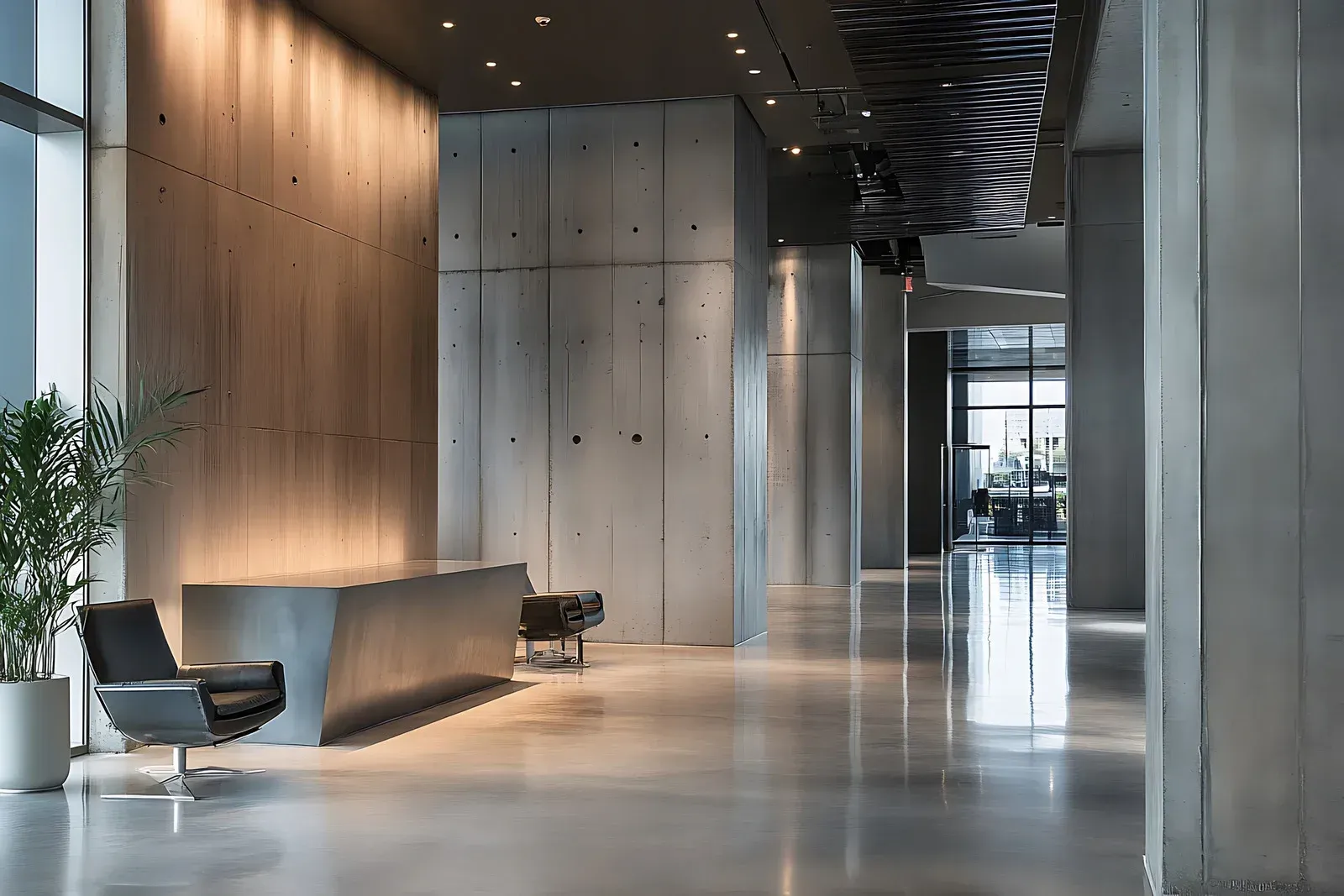 Modern office lobby with concrete walls, desk, and seating.