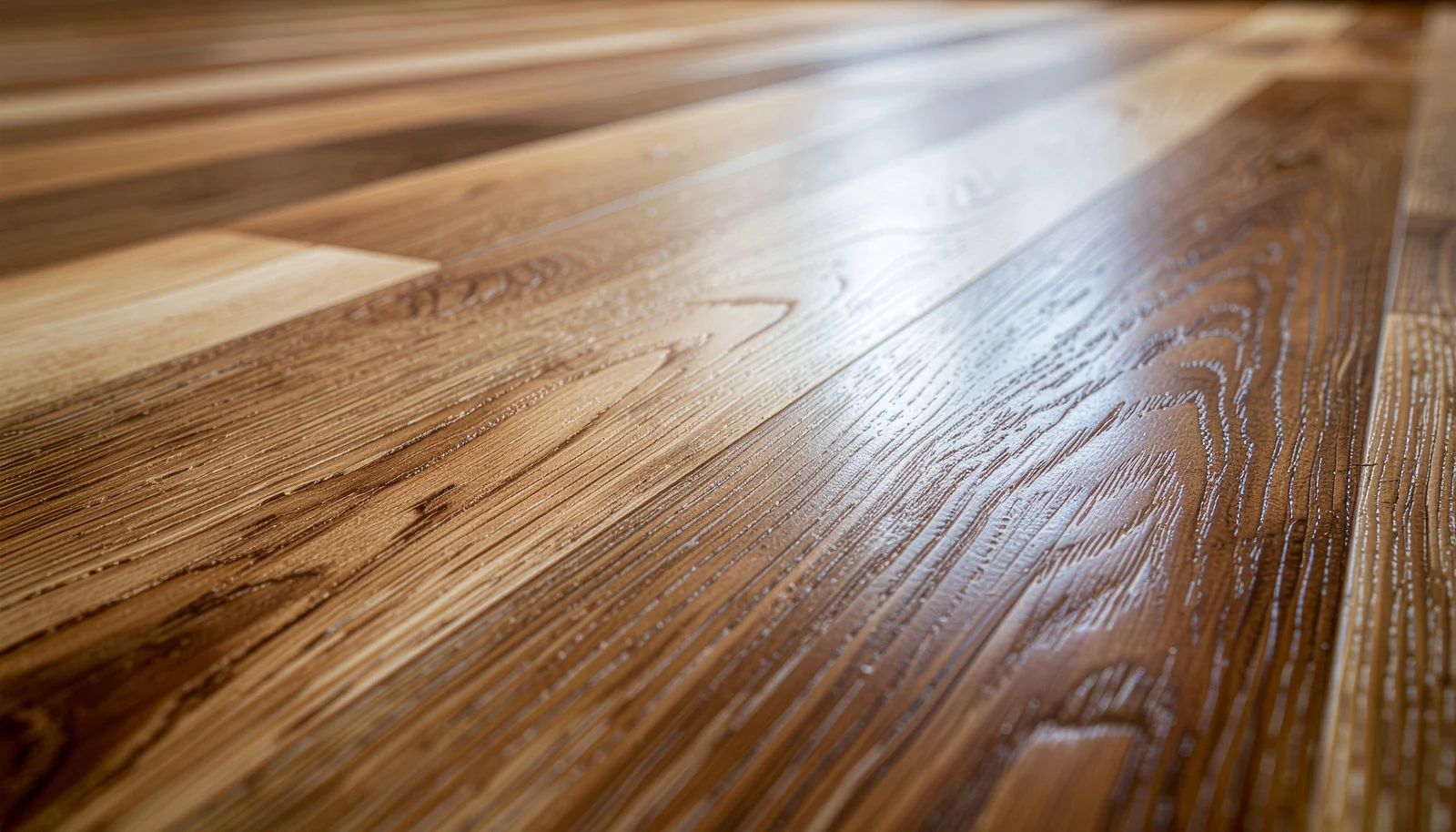 Close-up of a wood floor. Light and dark brown planks with a glossy finish.