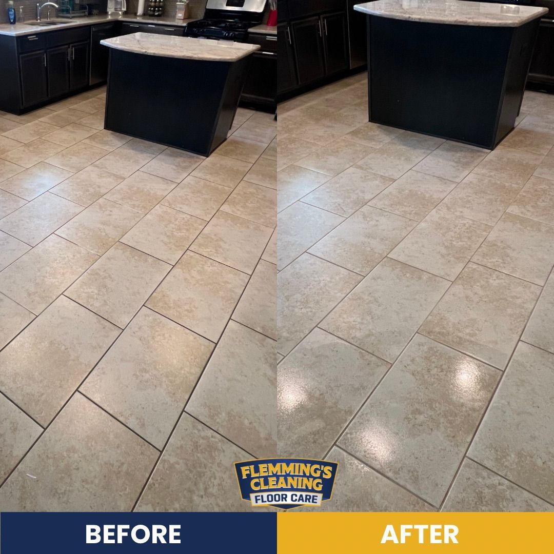 Commercial tiled floor before and after cleaning, with beige tiles and dark booths in the background.