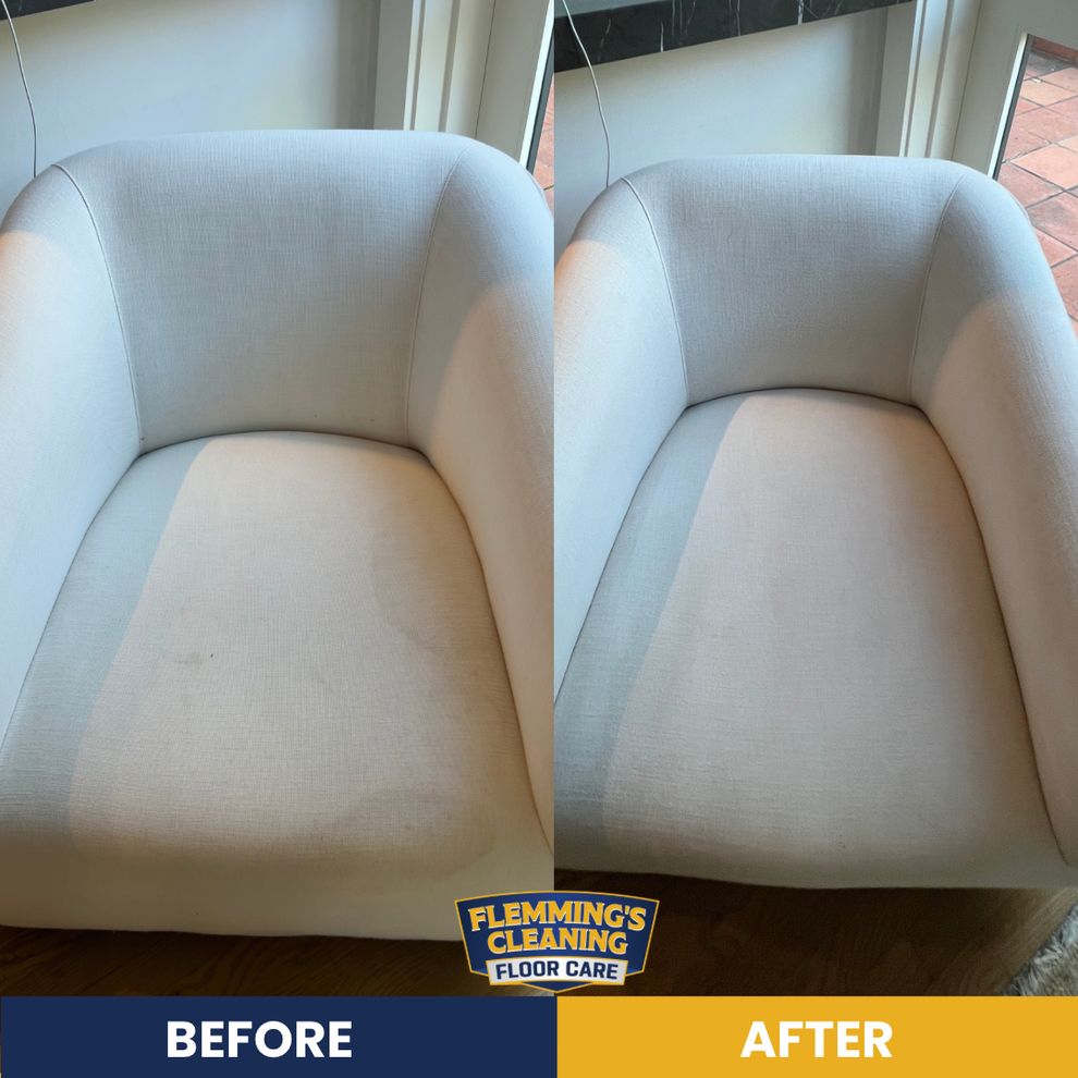 Before-and-after of a beige upholstered chair, showing a cleaner, brighter seat and back.