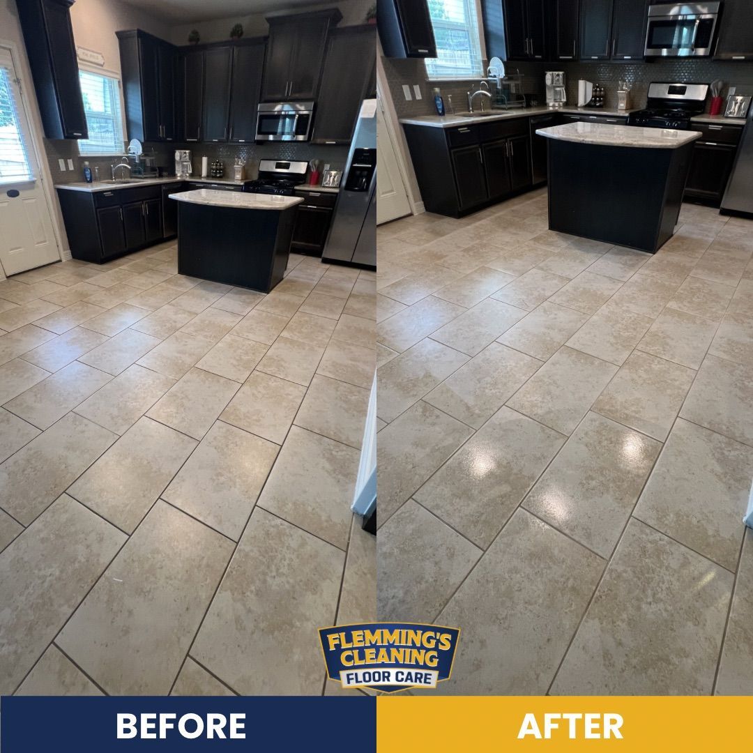 Before-and-after kitchen floor cleaning, showing a dark tile kitchen with a bright, polished tile floor.