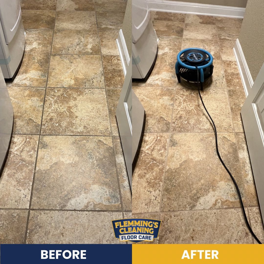 Floor cleaning before-and-after: dirty tile hallway beside a robot vacuum cleaning the floor.